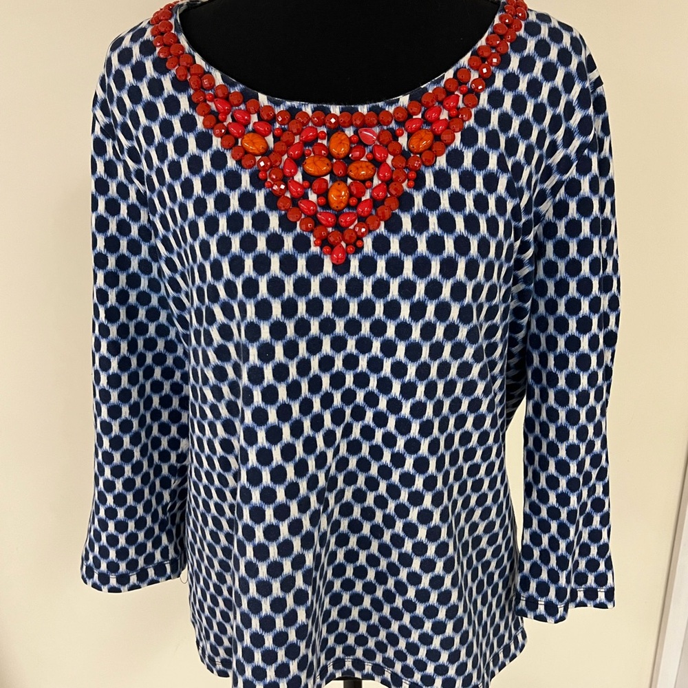 Ruby Rd. Navy and White Geometric Blouse with Red Bead Embellishments